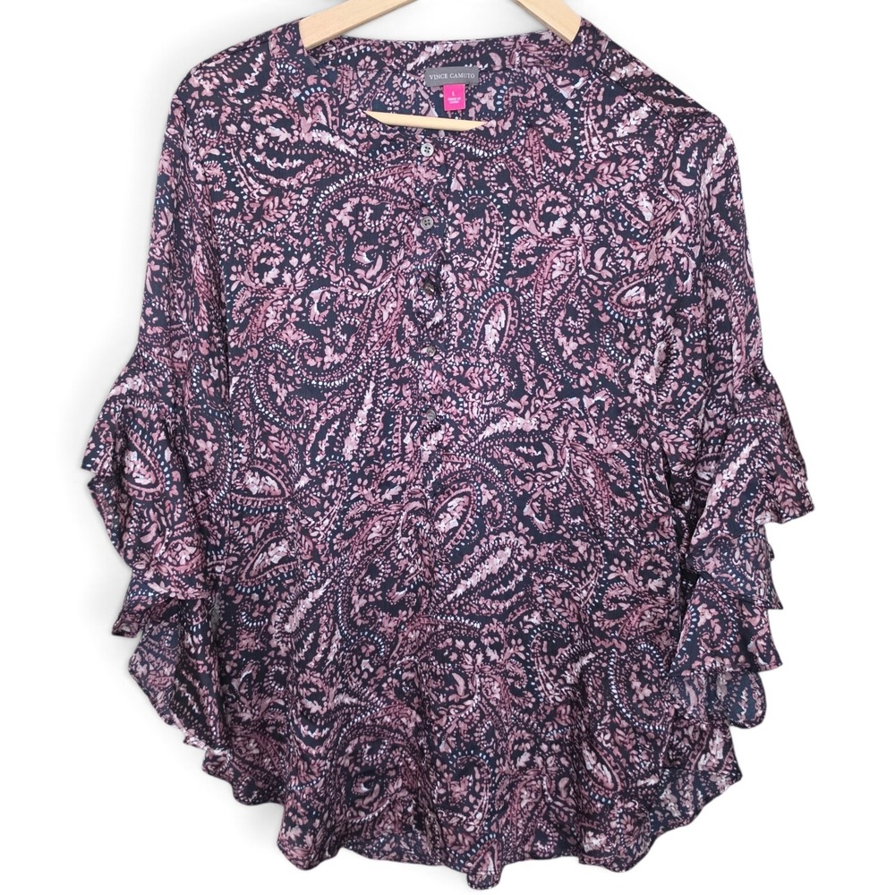 Vince Camuto Blouse Womens Large Purple Paisley Tiered Ruffle Bell Sleeve Top